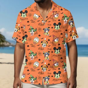 Vintage Mickey & Friends Signatures Halloween Hawaiiskjorta, Musse Piggs Inte Så Läskiga Halloween Hawaiiskjorta, Sommar Disneylandskjorta bild 1