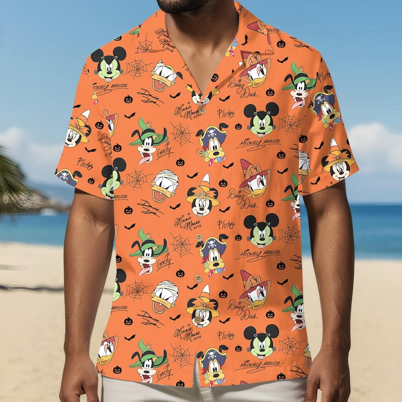 Vintage Mickey & Friends Signatures Halloween Hawaiiskjorta, Musse Piggs Inte Så Läskiga Halloween Hawaiiskjorta, Sommar Disneylandskjorta bild 1