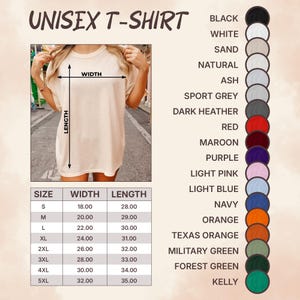 May include: Unisex t-shirt size chart with measurements in inches for width and length. The chart shows sizes from S to 5XL.  The chart is next to a color chart with 14 different colors.