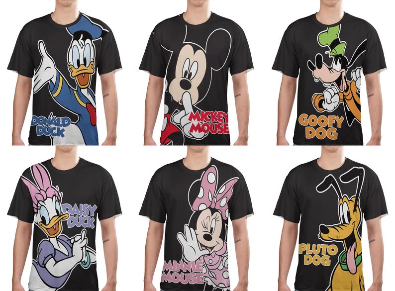May include: Six black t-shirts featuring Disney characters: Donald Duck, Mickey Mouse, Goofy, Daisy Duck, Minnie Mouse, and Pluto. Each shirt displays a large graphic of the character with their name below. The shirts are short-sleeved.