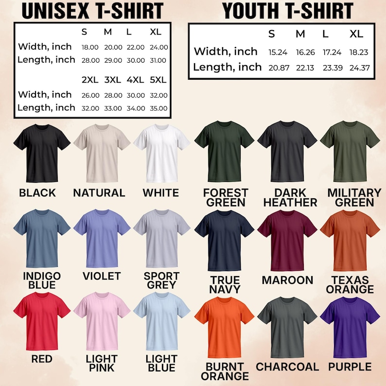 May include: A product image showcasing a variety of unisex and youth t-shirts in various colors, including black, white, and red. The image includes size charts with measurements in inches for both shirt styles. The shirts are available in sizes S to 5XL.