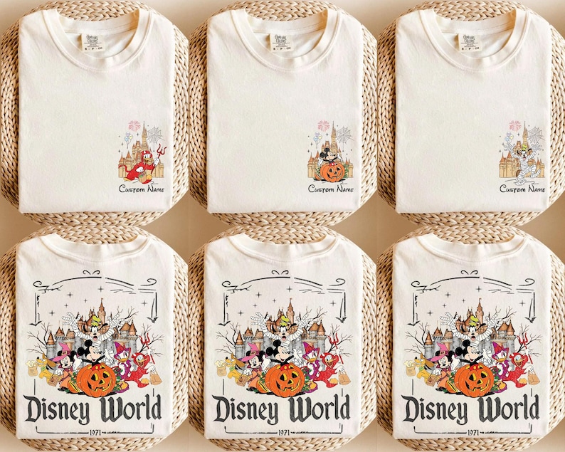 May include: Off-white t-shirts with Disney World graphics. Some shirts feature a castle and characters with the text "Custom Name". Other shirts have a larger design with Mickey Mouse, pumpkins, and the text "Disney World 1971".