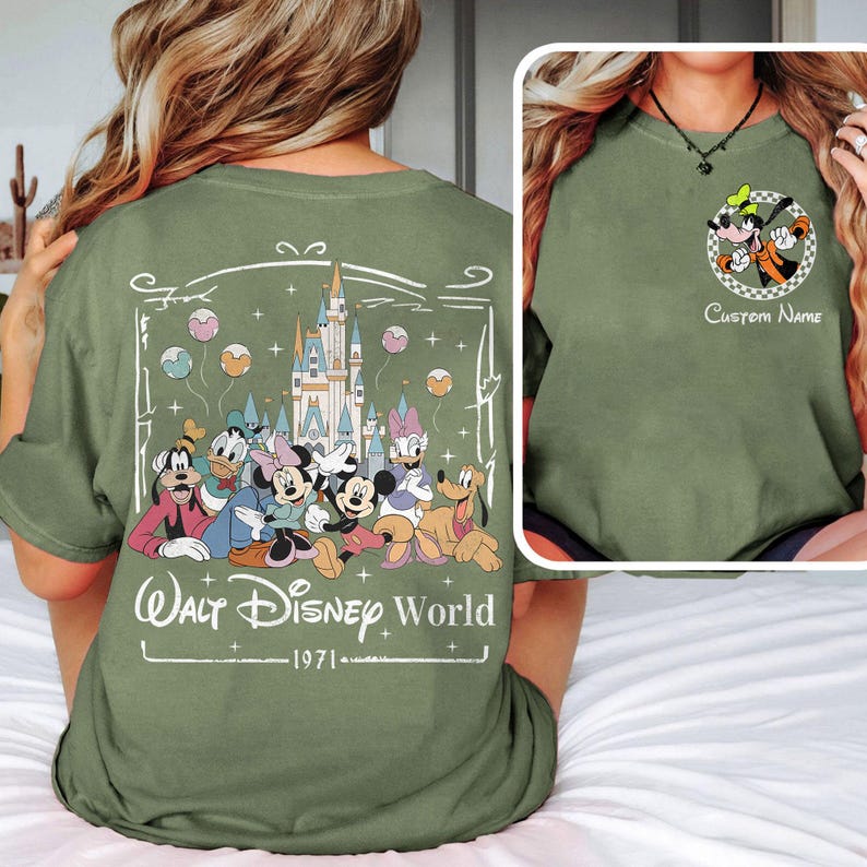 Custom Name 2 Sided Mickey And Friends Shirt, All Characters Disney Family 2025 Shirt, Disneyworld Trip Tee, Disneyworld Est 1971 Shirt MilitaryGreen/Moss