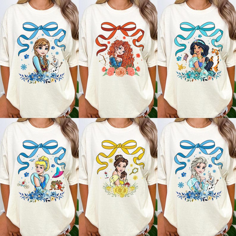Coquette Bow Disney Princess Cinderella Belle Snow White Rapunzel Tiana WDW Disneyland Girls Trip Shirt, Birthday Girl Tee