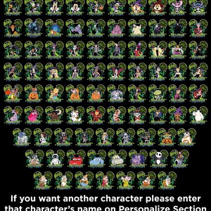 May include: A black background featuring numerous Halloween-themed character designs. Each design is set within a Mickey Mouse ear silhouette, with the word "BOO!" and "HALLOWEEN" displayed. The text at the bottom reads, "If you want another character please enter that character's name on Personalize Section."