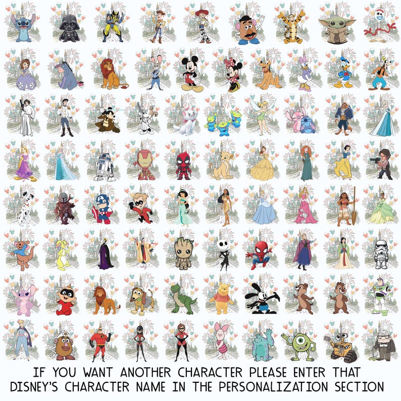 Pu&ograve; includere: Una griglia di illustrazioni di personaggi Disney, tra cui Topolino, Stitch e Darth Vader. Ogni personaggio &egrave; raffigurato in uno stile a cartoni animati colorato. Il testo in basso recita: SE VUOI UN ALTRO PERSONAGGIO, INSERISCI IL NOME DI QUEL PERSONAGGIO DISNEY NELLA SEZIONE DI PERSONALIZZAZIONE.