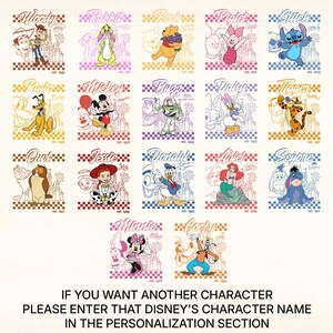 May include: A collection of Disney character illustrations, each set within a checkered border. Characters include Woody, Rabbit, Pooh, Piglet, Stitch, Pluto, Mickey, Buzz, Daisy, Tigger, Owl, Jessie, Donald, Ariel, and Eeyore. The text at the bottom reads: "IF YOU WANT ANOTHER CHARACTER PLEASE ENTER THAT DISNEY'S CHARACTER NAME IN THE PERSONALIZATION SECTION."