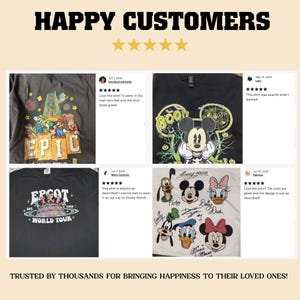 May include: Image featuring customer reviews of various graphic t-shirts. The shirts showcase designs with characters from Super Mario, Mickey Mouse, and Disney's EPCOT. Text includes "HAPPY CUSTOMERS" and customer feedback with star ratings.