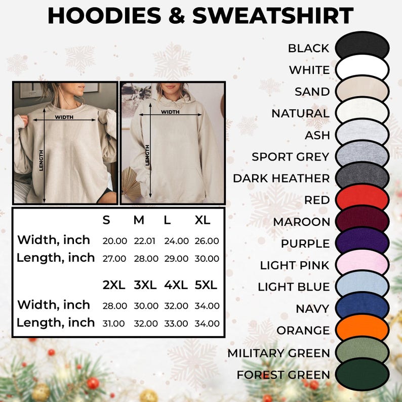 May include: Size chart for hoodies and sweatshirts with measurements in inches for sizes S, M, L, XL, 2XL, 3XL, 4XL, and 5XL. The chart shows width and length measurements for each size.