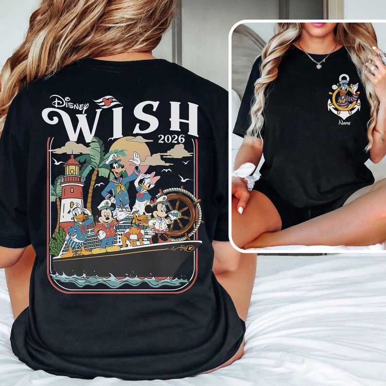 May include: Black t-shirt featuring a colorful graphic of Disney characters on a ship, with the text "Disney WISH 2026" on the back. The front of the shirt has an anchor design with a Disney character and the name "Name".