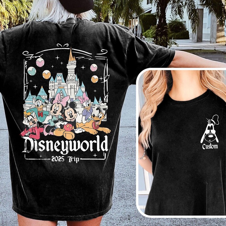 May include: Black t-shirt with a vintage-style graphic of Mickey Mouse and friends in front of Cinderella's Castle. The text "Disneyworld - 2025 Trip" is printed below the graphic. A second black t-shirt with a white outline of Pluto's head and the word "Custom" is shown.