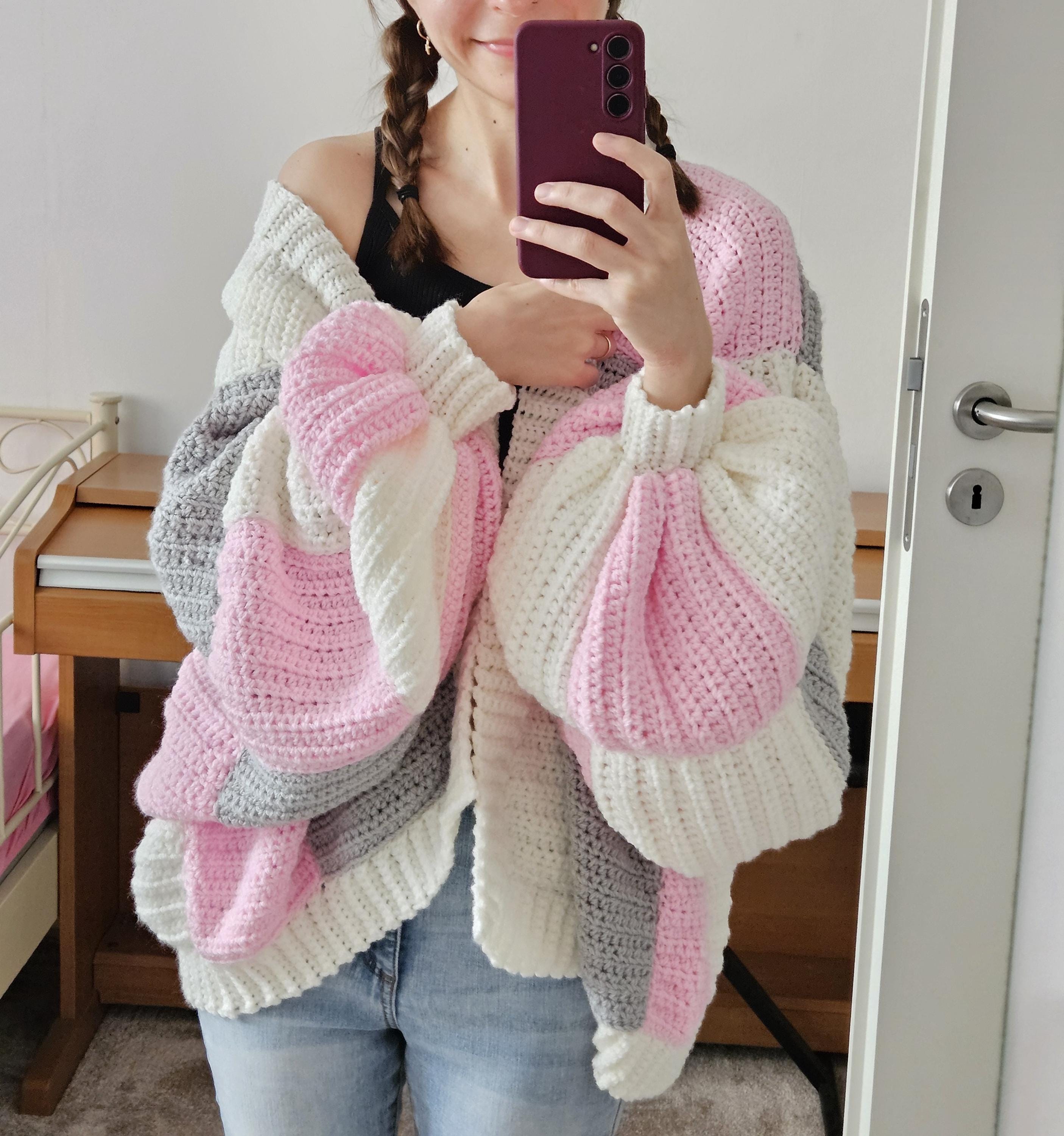 Crochet Patchwork Cardigan, Oversize Cardigan With Balloon Sleeves