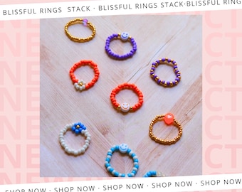 Blissful Collection: Smiley Seed Bead Ring Set - Dainty Elastic Jewelry for Joyful Souls