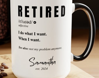 Grappig personaliseerbaar pensioencadeau voor vrouwen of mannen. Personaliseerbare collega pensioen koffiemok cadeau.