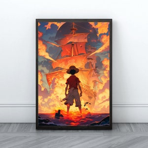 Affiche mate Luffy One Piece | Imprimé paille | Art mural coucher de soleil anime | Affiche d'une seule pièce | Cadeau pour les fans d'anime