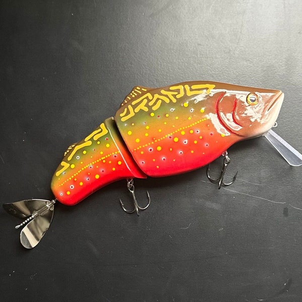 Fire Tiger Brook Trout -- Jointed Wake Bait with Prop -- Hand Carved from Wood -- For Musky, Pike, Trophy Bass, and other Game Fish