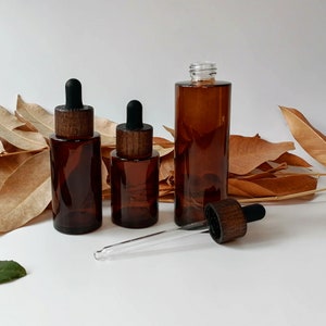 Glass Dropper Bottles with Wood Lids, Refillable Amber Glass Tincture Bottles with Eye Droppers, Leakproof Essential Oils Bottles image 3