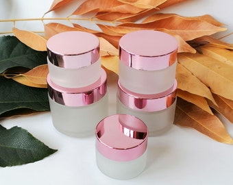 5～60g Frosted Glass Cosmetic Containers with Rose Gold lids, Round Frosted Glass Jars with Leakproof lids, Small Empty Glass Sample Jars