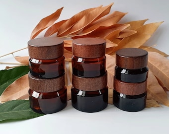 15g 30g 50g Amber Glass Jar, Cosmetic Container Storage Jar Round Empty with White Lining and Natural Wood Lid, Suitable for Face Cream