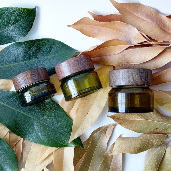 15g 30g 50g olijfgroen glazen cosmetische potten pot, lege make-up gezichtscrème containers, opslagflessen met natuurlijke houten deksels