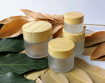 Frosted Glass Cosmetic Container Wood Grain Lid Cosmetic Jar, Cream Container with Leak-proof Lid Empty Sample Jar for Lotion, Eye Creams