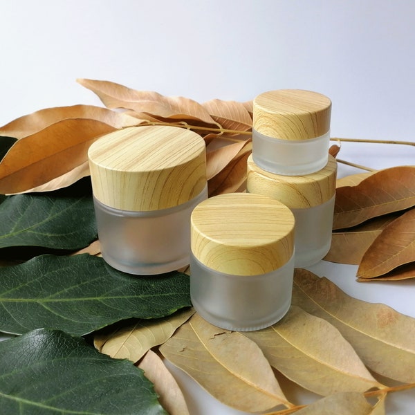 Frosted Glass Cosmetic Container Wood Grain Lid Cosmetic Jar, Cream Container with Leak-proof Lid Empty Sample Jar for Lotion, Eye Creams