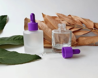 30 ml Tropfflasche aus mattiertem/klarem Glas, lila Deckel mit Glastropfer, Reiseflasche für ätherische Öle, Parfüm, Kölnisch Wasser