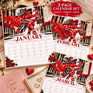 May include: A 3-page calendar set for January, February, and March featuring a red elephant with black polka dots, wearing a hat, glasses, and pearls. The calendar pages include red floral accents, a grid for dates, and the text 3-PAGE CALENDAR SET.