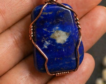 Lapis Lazuli Copper Wire Wrapped Pendant • Handmade Healing Stone Jewelry