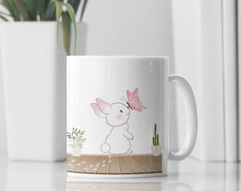 Mug lapin et papillon, cadeau de Pâques, anniversaire, cadeau sucré, cadeau pour fille, amoureux des lapins, mug personnalisé