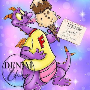May include: Purple dragon wearing a yellow shirt with a large letter F on it. The dragon is holding a large ice cream cone with chocolate and vanilla ice cream. The dragon is looking at the ice cream cone with a happy expression. A notepad with the text "1 PNG File Figment Ice Cream" is in the background.
