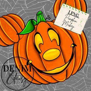 May include: A pumpkin carved to look like Mickey Mouse with a green stem and a friendly smile. The pumpkin is on a gray background with a white note that says "1 PNG Pumpkin Mickey".