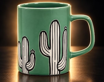 May include: A sage green ceramic mug featuring a graphic illustration of two saguaro cacti in white with bold black outlines. The mug has a smooth, cylindrical body and a matching green handle on the right side, set against a dark background.