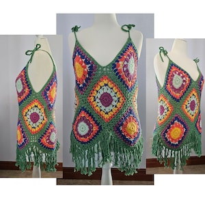 Sunburst Boho Cover-up or Tunic, knitted crochet top with granny squares