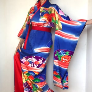 Royal Blue Furisode Kimono | Embroidered Silk | Long Sleeve Japanese Vintage Robe | Floral Japan Fan Dress | Size M | VIDEO