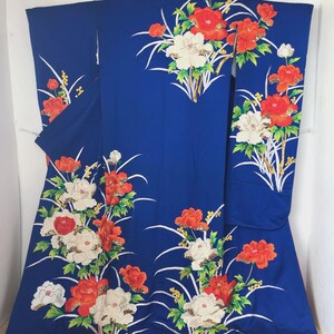 Kimono brodé Furisode | Peignoir japonais de haute qualité | Robe de mariée vintage | Soie bleu roi | Taille L | VIDÉO