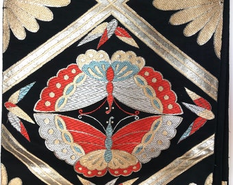 Obi Belt Black Silk Butterfly Kimono Robe Sash Vintage Japanese Formal Obi | VIDEO