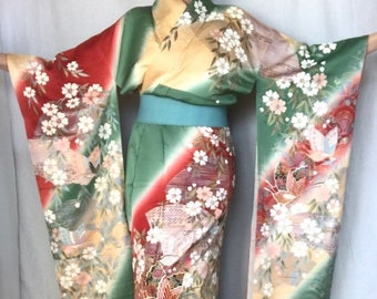 Embroidered Furisode Kimono Dress Long Sleeve Woman’s Vintage Japanese Robe Butterflies & Floral | Size M | VIDEO