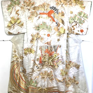Uchikake Kimono Robe Embroidered Silk Japanese Vintage Wedding Gown | Crane Birds Flying Turtle | O Furisode Gown | Size S-M | VIDEO