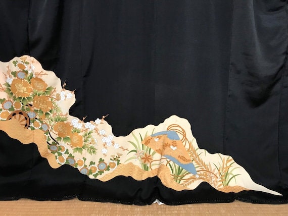 Embroidered Kimono Robe Silk Tomesode Japanese Bl… - image 1