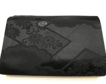 Black Obi Belt for Kimono | Silk Blend Wedding Sash | Vintage Japanese Nagoya Obi | Cloud & Flower Pattern | VIDEO