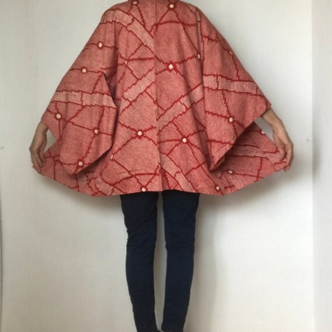 Haori Kimono Jacket Red Silk Shibori Tie Dye Woman's Excellent Vintage ...