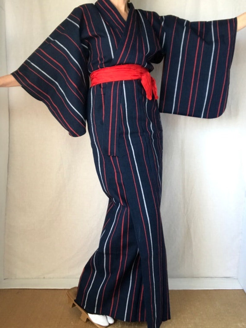 Yukata Kimono Cotton Japanese Dressing Gown Blue Striped Summer Long