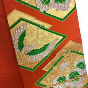Vintage Silk Obi Belt: Japanese Crane Bird Kimono Sash