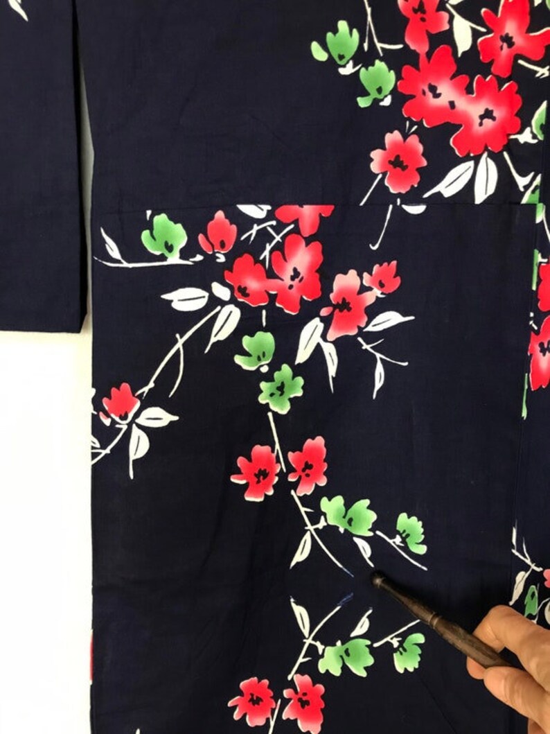 Yukata Kimono Dress Japanese Blue Floral Cotton Summer Long Robe Size M ...