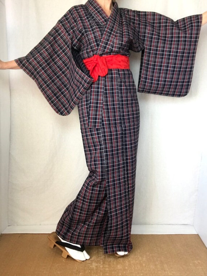 Japanese Yukata Kimono Dress Black Plaid Long Woman's Cotton Summer ...