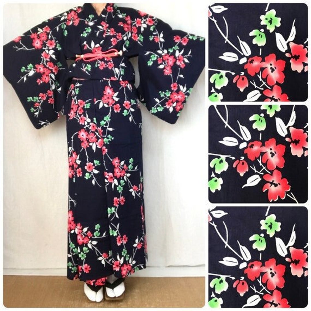 Yukata Kimono Dress Japanese Blue Floral Cotton Summer Long Robe Size M ...