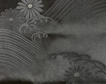 Silk Obi Belt Black Vintage Wedding Sash | Japanese Kimono Fabric | Tsunami Wave & Kiku Flower Pattern | VIDEO