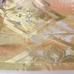 Vintage Silk Obi Belt: Peach Gold Plum Blossom Kimono Sash