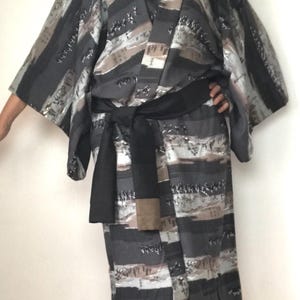 Men&#39;s Kimono Obi Belt: Recycled Japanese Fabric, Charcoal Gray & Tan